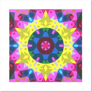 Retro Mandala Flower Yellow Pink and Blue Posters and Art